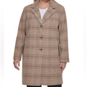 DKNY Checkered City Coat Blazer Wool Blend Brown/Cream Lined Size XL